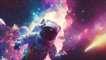 An astronaut explodes through a colorful nebula, Generative AI