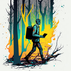 Generative AI illustration from man walking with laptop and backpack in colorful  forest