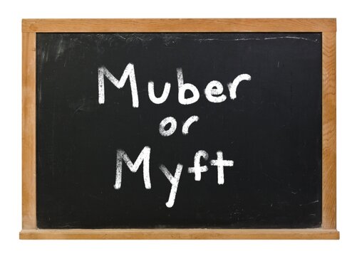 Muber or Myft written in white chalk on a black chalkboard isolated on white