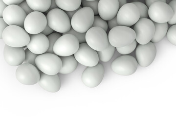 Many farm raw organic white chicken eggs background from local market