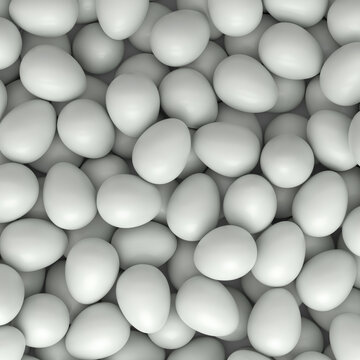 Many farm raw organic white chicken eggs background from local market