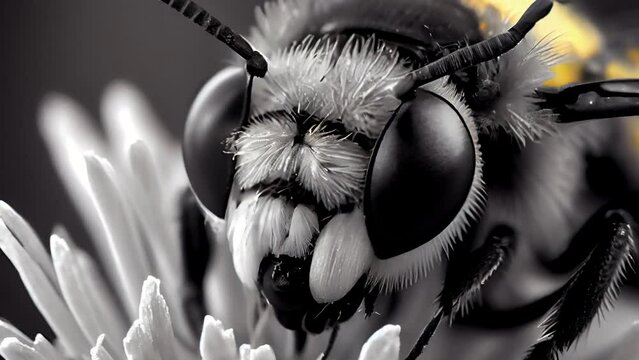 A macro shot of a bee in a black and white mode on top of the flower AI generated