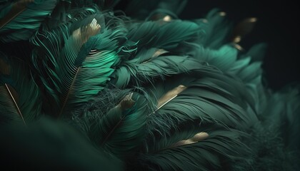 Naklejka na ściany i meble a bunch of green feathers with some gold on them and a black background. generative ai