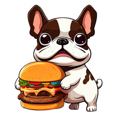 Cute french bulldog with hamburger, dog cartoon. Isolated on transparent background. Generative AI