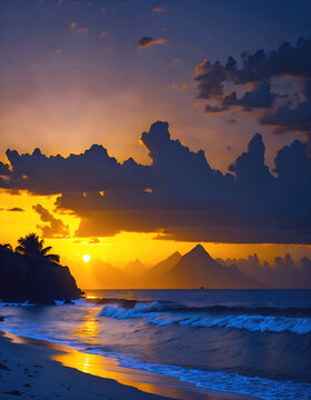beautiful tropical sea landscape sunset sunrise view new quality universal joyful stock image illustration design, Generative AI