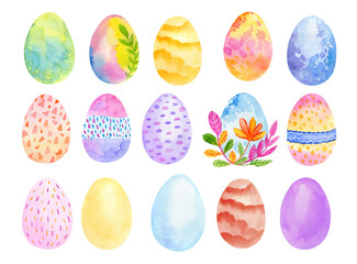 Watercolor cute colorful Easter eggs isolated on white background. Hand painting spring holiday illustration.