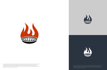 barbecue grilled vector logo template. BBQ, grill food and restaurant icon with fire icon