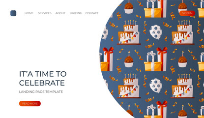 Landing page with pattern chocolate cake, sparkle, bunch of gifts, confetti, ballons on blue. Birthday party, celebration, holiday, event, bakery, tasty food concept. Vector for banner, web 
