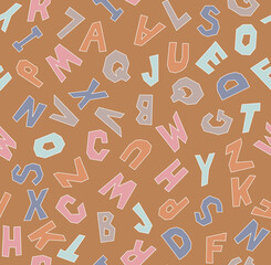 Anglular Alphabet hand drawn Catital Letters on Warm Brown, Seamless Repeating Pattern Tile