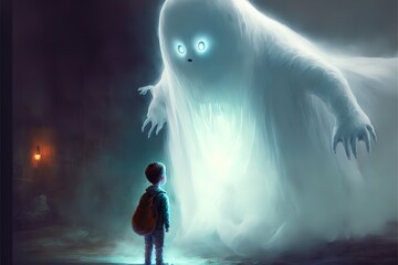 A huge cute ghost is trying to scare the boy Ai Generate - obrazy, fototapety, plakaty