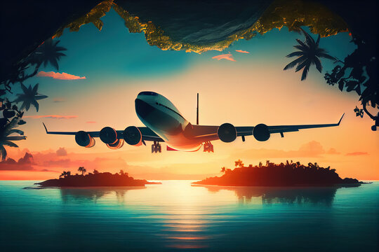 Plane Flying Over The Beach At Sunset. Generative AI, Generative, AI