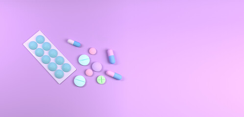 Colored Pills, Tablets and Capsules Blisters for Pharmacy and Medicine, with a Syringe. Pink medical Background for presentation. 3d render.
