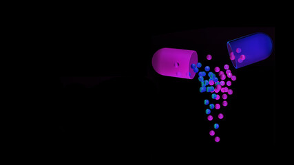 Realistic medical opened capsule pill. Colorful violet and pink medical opened capsule pill. Vitamin antibiotic 3D render drug concept. Black background. Open capsule.