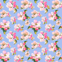 Seamless pattern with watercolor illustrations of apple flowers on blue background. It's perfect for wallpaper, fabric design, textile design, cover, wrapping paper, surface textures.