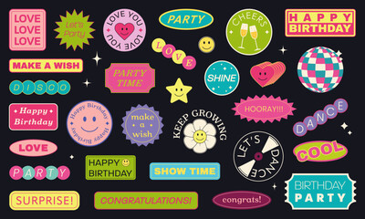 Birthday retro trendy stickers collection.
