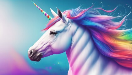 Obraz na płótnie Canvas a white unicorn with a rainbow mane and a blue sky background. generative ai