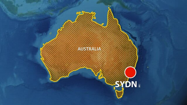 Designation of the borders of Australia on the map and the mark of the location of the city of Sydney