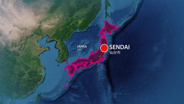 Designation of the borders of Japan on the map and the mark of the location of the city of Sendai