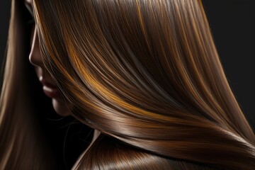 Fototapeta premium Beautiful healthy shiny hair texture with highlighted golden streaks. AI Generation