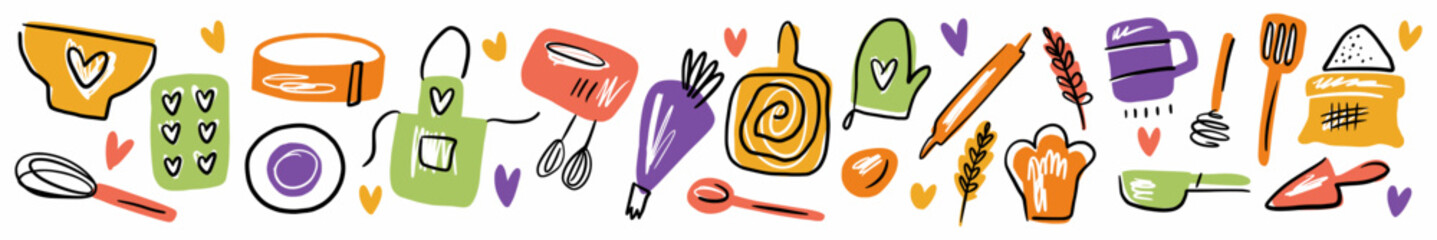 Horizontal illustration with kitchen and confectionery accessories hand-drawn in the style of a doodle