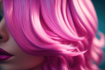 Obraz premium Woman with pink color dyed hair, close up view. Trendy hairstyle. AI Generation