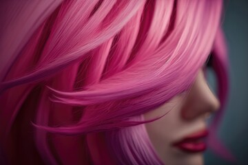 Naklejka premium Woman with pink color dyed hair, close up view. Trendy hairstyle. AI Generation