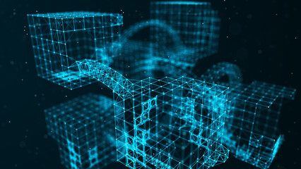 Abstract network of blocks or cubes. Technologycal connection ol lines. Wireframe cubes connected with bridges. Digital background. 3D rendering