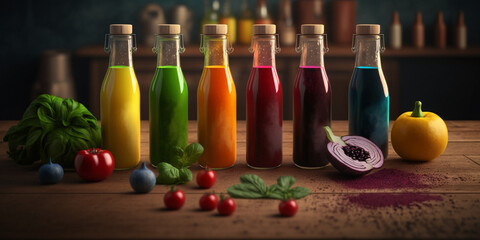 Variety of colorful juices in clear bottles displayed with fresh fruits and vegetables on wood.