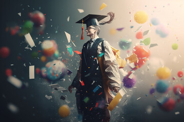 Graduate walking with confetti and balloons surrounding, depicting joy in academic accomplishment.