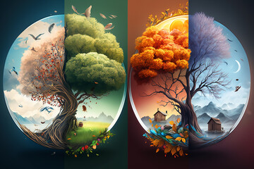 Circular designs of a tree in different seasons, with day and night transitions.