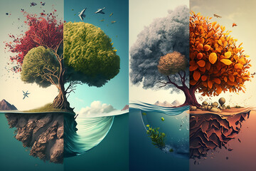 Illustration of floating islands with trees representing four seasons in a surreal landscape.