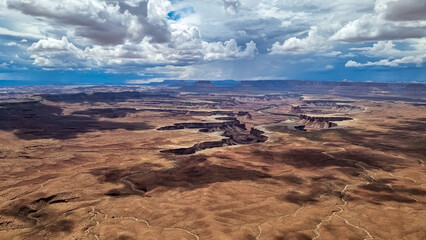 Panoramic view on Split Mountain Canyon seen from Green River Overlook near Moab, Canyonlands National Park, San Juan County, Utah, USA. Looking at features of The Maze district and the White Rim Road