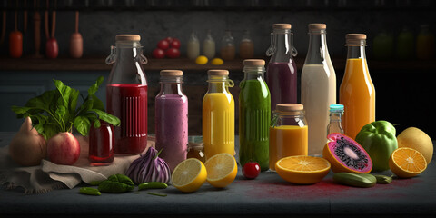 Variety of nutritious fruit and vegetable juices with fresh produce, ideal for a balanced diet.