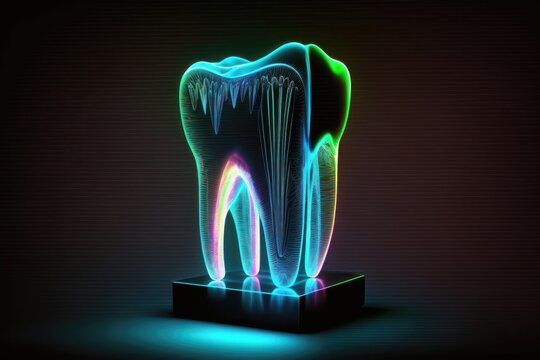 Image of a neon hologram tooth. Medicine concept. AI Generated