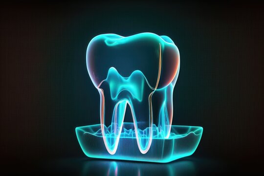 Image of a neon hologram tooth. Medicine concept. AI Generated