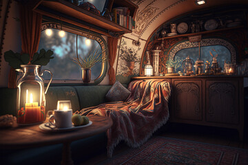 Fototapeta na wymiar Bohemian style caravan interior with candlelight.Created with generative ai