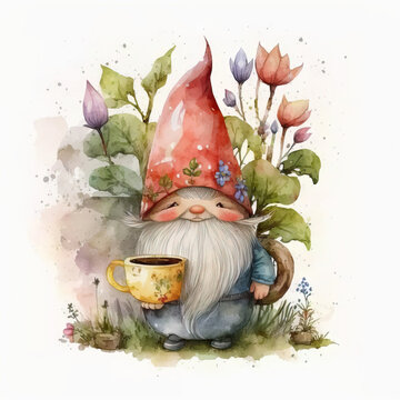 recommend clip art: Garden gnome holding coffee mug and spring flowers watercolor Generative AI illustration
