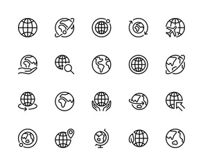 Globe related outline vector line icons. Isolated icon collection on white background. Globe symbol vector set.