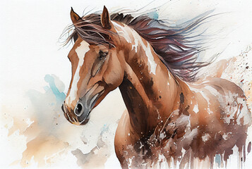 Watercolor horse on white background created with AI
