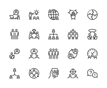 Teamwork vector line icons. Isolated icon collection on white background. Team work symbol vector set.