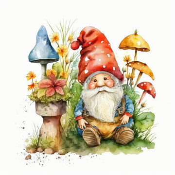 watercolor gnome sitting with mushrooms clip art preview