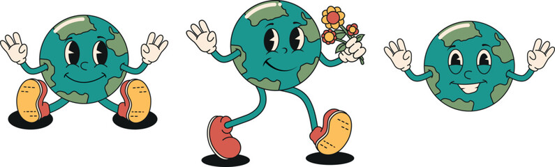  Earth planet character collection. World Environment Day. Retro cartoon style on a transparent background. Vector illustration.
