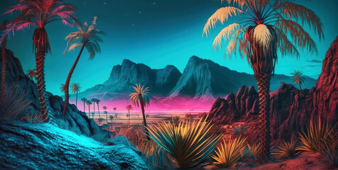 Fototapeta premium Palm trees in the desert with mountains on background. Neon colored synthwave landscape. Generative AI