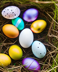 Multicolor Easter Eggs in Bird Nest created with Generative AI Technology