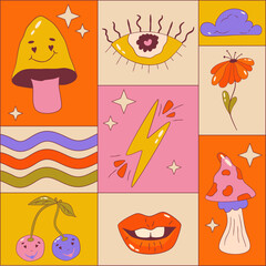 Trippy graphic poster with retro groovy elements. Poster square with lips, flower, cherry and wave. Trippy groovy 70s graphic. Cartoon vector illutration