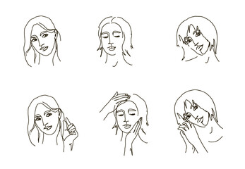 Set 5 Female avatar vector lineart illustration . Woman Minimalist Logo.