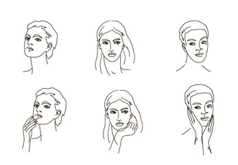 Set 2 Female avatar vector lineart illustration . Woman Minimalist Logo.