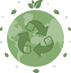 Green planet with recycling symbol. Zero waste movement support. Environmental protection and green living. Give things second life. Eco friendly lifestyle. Ecology. Illustration