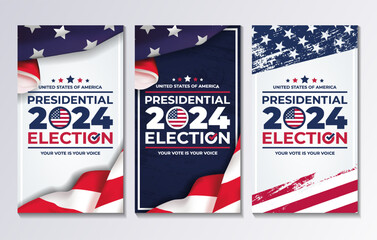 set of vertical illustration vector graphic of united states flag, election and year 2024 perfect for presidental election day in united states, united states flag