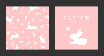 Easter designs set. Happy Easter greeting card and seamless pattern. Cute spring bunnies with butterfly, eggs, carrots, leaves and text. Vector illustrations on pink pastel background. 